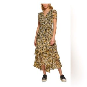 Karl Lagerfeld Paris Ruffled Tiered Women’s Daisy Flower Print Midi Dress Size 2